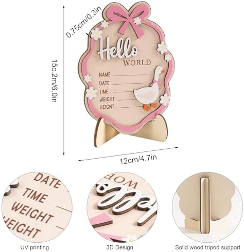 Baby Announcement Sign, Wooden Hello World Newborn Sign with Stand, 3D Pink Bow Goose Floral Name Board, Welcome Girl Birth Decorations for Hospital Nursery New Baby Shower Photo Prop Gifts