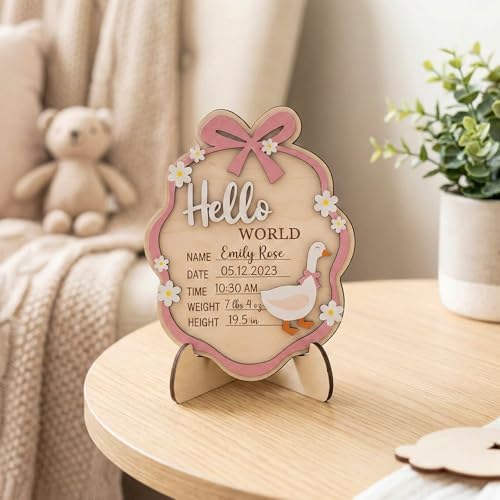 Baby Announcement Sign, Wooden Hello World Newborn Sign with Stand, 3D Pink Bow Goose Floral Name Board, Welcome Girl Birth Decorations for Hospital Nursery New Baby Shower Photo Prop Gifts