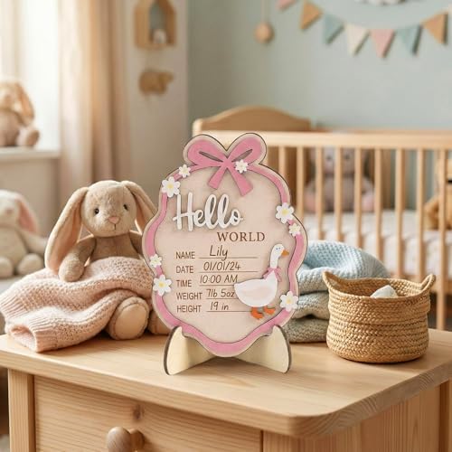 Baby Announcement Sign, Wooden Hello World Newborn Sign with Stand, 3D Pink Bow Goose Floral Name Board, Welcome Girl Birth Decorations for Hospital Nursery New Baby Shower Photo Prop Gifts
