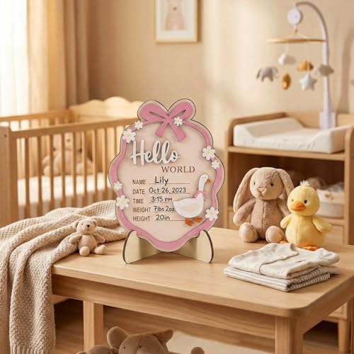 Baby Announcement Sign, Wooden Hello World Newborn Sign with Stand, 3D Pink Bow Goose Floral Name Board, Welcome Girl Birth Decorations for Hospital Nursery New Baby Shower Photo Prop Gifts