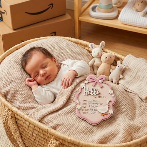Baby Announcement Sign, Wooden Hello World Newborn Sign with Stand, 3D Pink Bow Goose Floral Name Board, Welcome Girl Birth Decorations for Hospital Nursery New Baby Shower Photo Prop Gifts