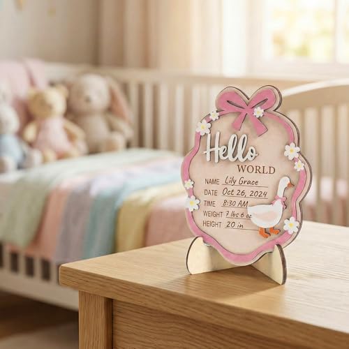 Baby Announcement Sign, Wooden Hello World Newborn Sign with Stand, 3D Pink Bow Goose Floral Name Board, Welcome Girl Birth Decorations for Hospital Nursery New Baby Shower Photo Prop Gifts