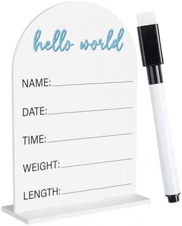 Baby Announcement Sign, Hello World Newborn Acrylic Sign, Birth Announcement Welcome Baby Signs, Baby Shower Hospital Nursery for Newborn Boys and Girls 5 × 7 In (Blue)