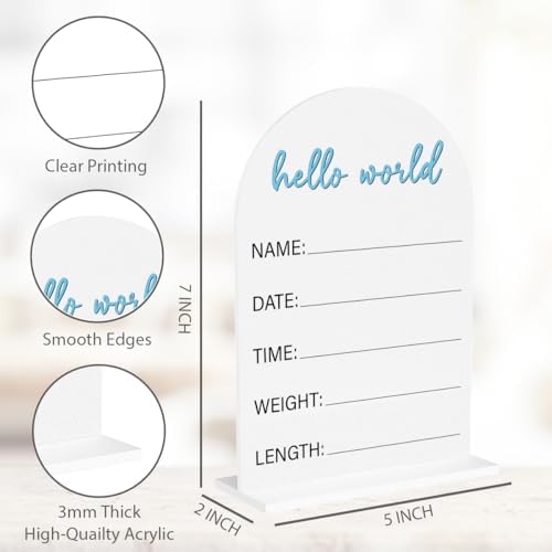 Baby Announcement Sign, Hello World Newborn Acrylic Sign, Birth Announcement Welcome Baby Signs, Baby Shower Hospital Nursery for Newborn Boys and Girls 5 × 7 In (Blue)
