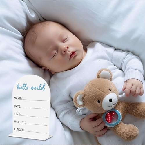 Baby Announcement Sign, Hello World Newborn Acrylic Sign, Birth Announcement Welcome Baby Signs, Baby Shower Hospital Nursery for Newborn Boys and Girls 5 × 7 In (Blue)