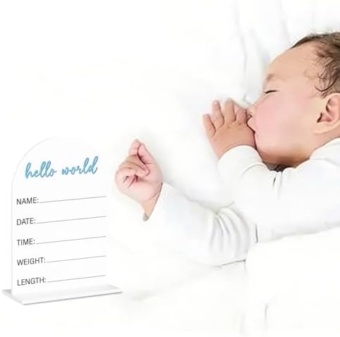 Baby Announcement Sign, Hello World Newborn Acrylic Sign, Birth Announcement Welcome Baby Signs, Baby Shower Hospital Nursery for Newborn Boys and Girls 5 × 7 In (Blue)
