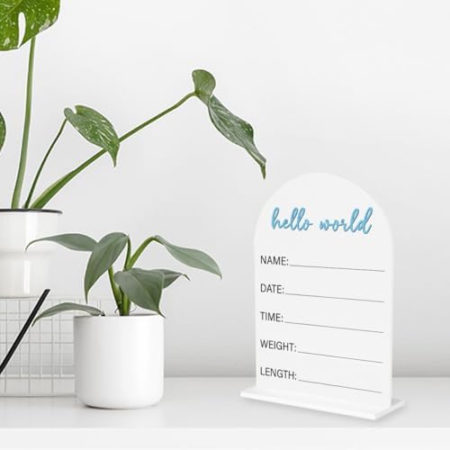 Baby Announcement Sign, Hello World Newborn Acrylic Sign, Birth Announcement Welcome Baby Signs, Baby Shower Hospital Nursery for Newborn Boys and Girls 5 × 7 In (Blue)