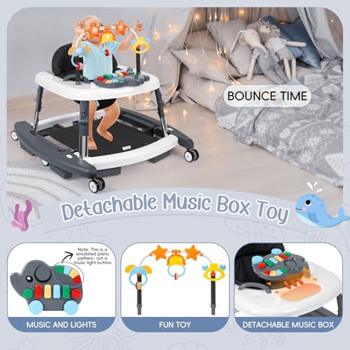 5 in 1 Baby Walker Foldable Music and Lights with 5 Adjustable Heights, Baby Walker with Wheels Portable, Infant Toddler Walker for Baby Boy Girls 6-18 Months (D-Grey)