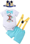 Baby Boys 1st Birthday Outfit Cake Smash Bowtie Romper +Suspenders + Pants Set Photo Shoot Clothes