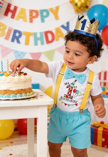 Baby Boys 1st Birthday Outfit Cake Smash Bowtie Romper +Suspenders + Pants Set Photo Shoot Clothes