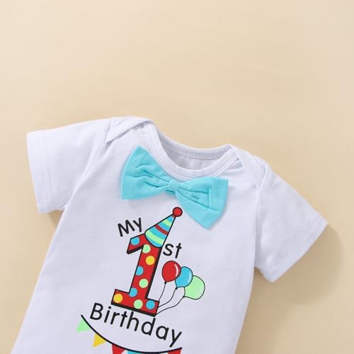 Baby Boys 1st Birthday Outfit Cake Smash Bowtie Romper +Suspenders + Pants Set Photo Shoot Clothes