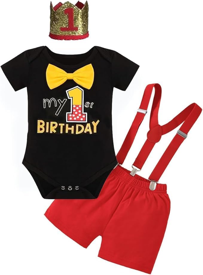 Baby Boys 1st Birthday Outfit Cake Smash Bowtie Romper +Suspenders + Pants Set Photo Shoot Clothes