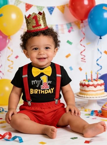 Baby Boys 1st Birthday Outfit Cake Smash Bowtie Romper +Suspenders + Pants Set Photo Shoot Clothes