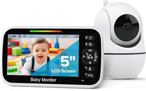 5" Baby Monitor with Camera and Audio, No WiFi Secure FHSS, 30-Hour Battery, Remote PTZ, Auto Night Vision, Room Temperature, Two-Way Audio，Lullabies，1000ft Range