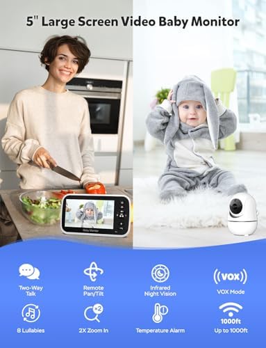 5" Baby Monitor with Camera and Audio, No WiFi Secure FHSS, 30-Hour Battery, Remote PTZ, Auto Night Vision, Room Temperature, Two-Way Audio，Lullabies，1000ft Range