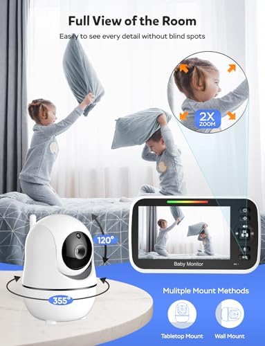 5" Baby Monitor with Camera and Audio, No WiFi Secure FHSS, 30-Hour Battery, Remote PTZ, Auto Night Vision, Room Temperature, Two-Way Audio，Lullabies，1000ft Range