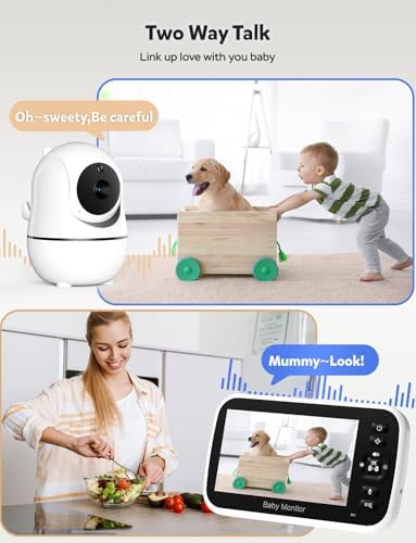 5" Baby Monitor with Camera and Audio, No WiFi Secure FHSS, 30-Hour Battery, Remote PTZ, Auto Night Vision, Room Temperature, Two-Way Audio，Lullabies，1000ft Range