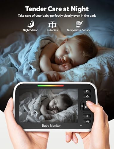 5" Baby Monitor with Camera and Audio, No WiFi Secure FHSS, 30-Hour Battery, Remote PTZ, Auto Night Vision, Room Temperature, Two-Way Audio，Lullabies，1000ft Range