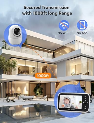 5" Baby Monitor with Camera and Audio, No WiFi Secure FHSS, 30-Hour Battery, Remote PTZ, Auto Night Vision, Room Temperature, Two-Way Audio，Lullabies，1000ft Range