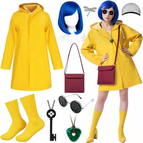 Mystical Adventure Costume Set for Women & Teens, Blue Wig, Yellow Raincoat & Socks, Crossbody Bag, Button Glasses, Key Necklace– Perfect for Halloween, Cosplay Themed Parties