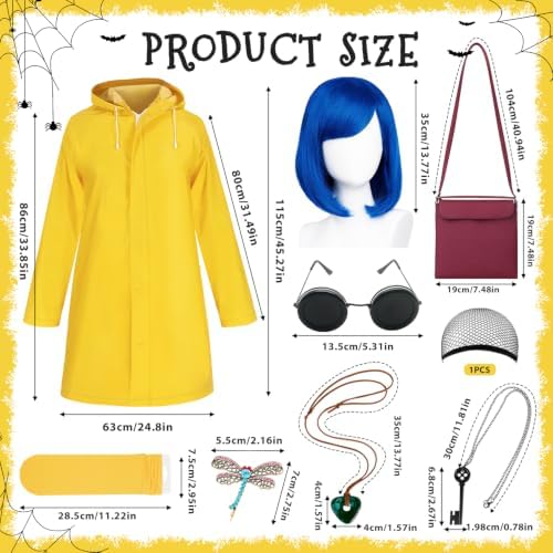 Mystical Adventure Costume Set for Women & Teens, Blue Wig, Yellow Raincoat & Socks, Crossbody Bag, Button Glasses, Key Necklace– Perfect for Halloween, Cosplay Themed Parties