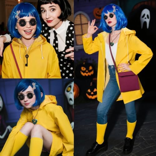 Mystical Adventure Costume Set for Women & Teens, Blue Wig, Yellow Raincoat & Socks, Crossbody Bag, Button Glasses, Key Necklace– Perfect for Halloween, Cosplay Themed Parties