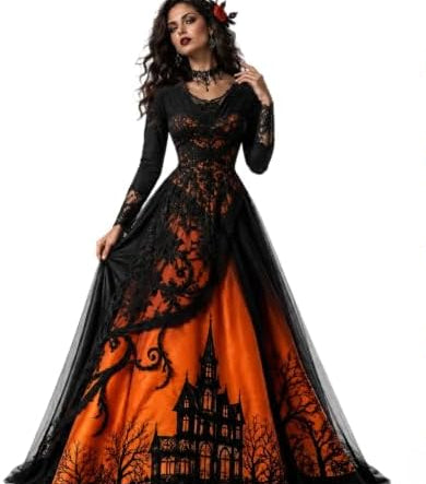 Witch Dress for Women,Halloween Vampire Costumes Treehouse Thorns Witches Gothic Maxi Mesh Dresses