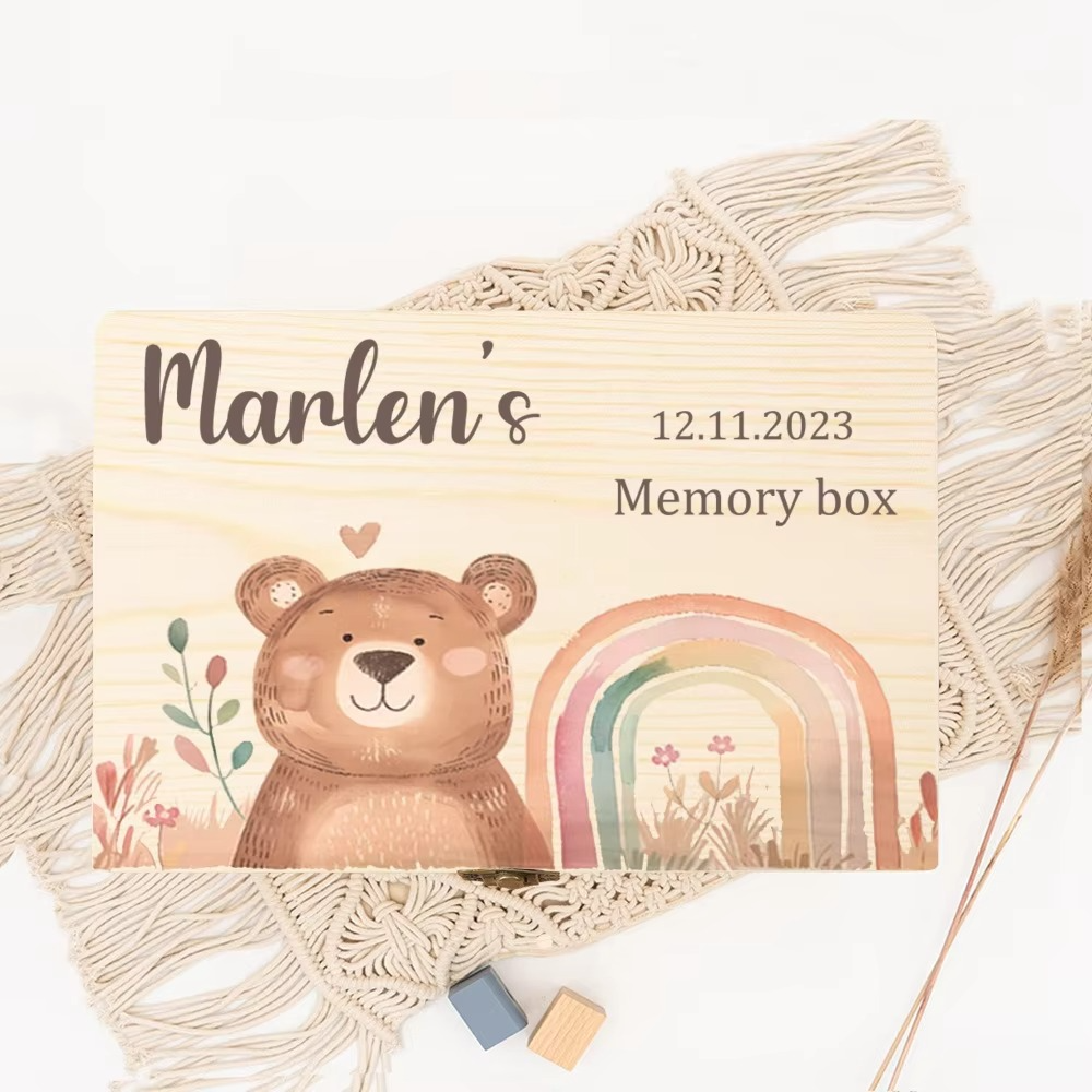 Personalized Wooden Keepsake Box with Custom Name – Animal Rainbow Memory Box for Kids – Custom Child Memory Storage Case – Birthday & Baby Shower Gift