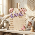 Boho Floral Butterfly Wave Edge Baby Birth Announcement Sign – Natural Wood Photo Prop with Raised Acrylic Letters – “Hello World” Newborn Milestone Board