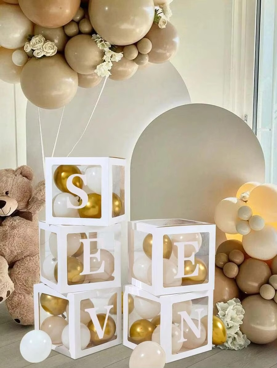 5PCS White Balloon Boxes with 52 A-Z Letters – Baby Shower Balloon Box Decoration – Gender Reveal, Birthday Party, Bridal Shower & Wedding Decor