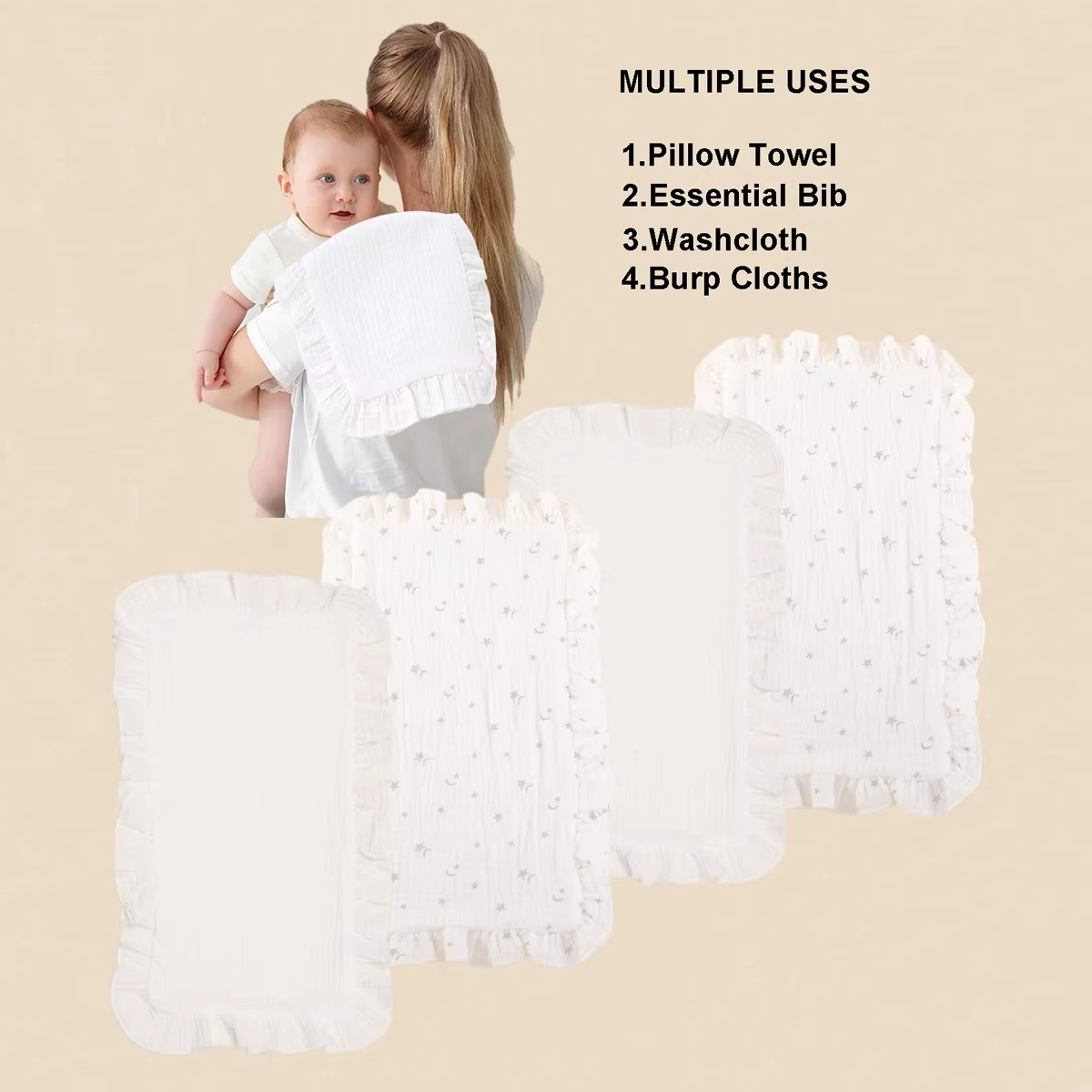 4PCS Muslin Cotton Burp Cloth Set – Soft Gauze Baby Burping Pads with Ruffled Edges – Absorbent Shoulder Cloths for Newborns & Infants