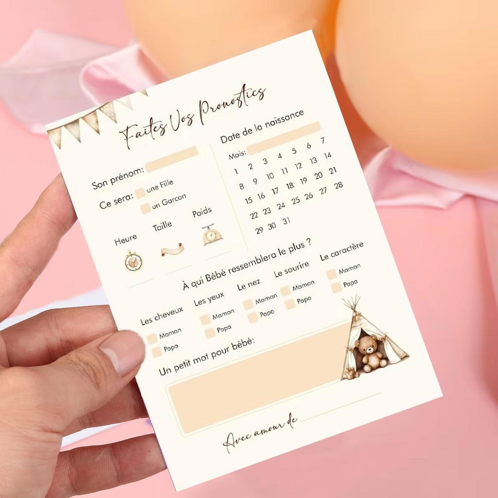 30PCS French Baby Shower Prediction Cards – Cute Bear Baby Guessing & Wishes Cards – Baby Shower Game for Predicting Name, Weight, Size & Birth Date