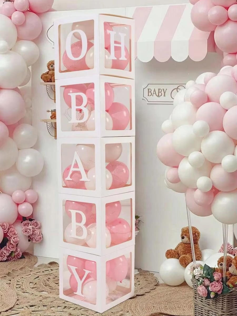 5PCS White Balloon Boxes with 52 A-Z Letters – Baby Shower Balloon Box Decoration – Gender Reveal, Birthday Party, Bridal Shower & Wedding Decor