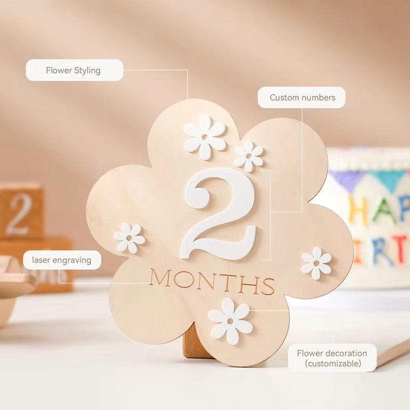 Wooden Baby Flower Shape Milestone Cards – Monthly Baby Milestone Markers for Newborn Photography – Birthday Memory Cards – Baby Birth Gift & Keepsake