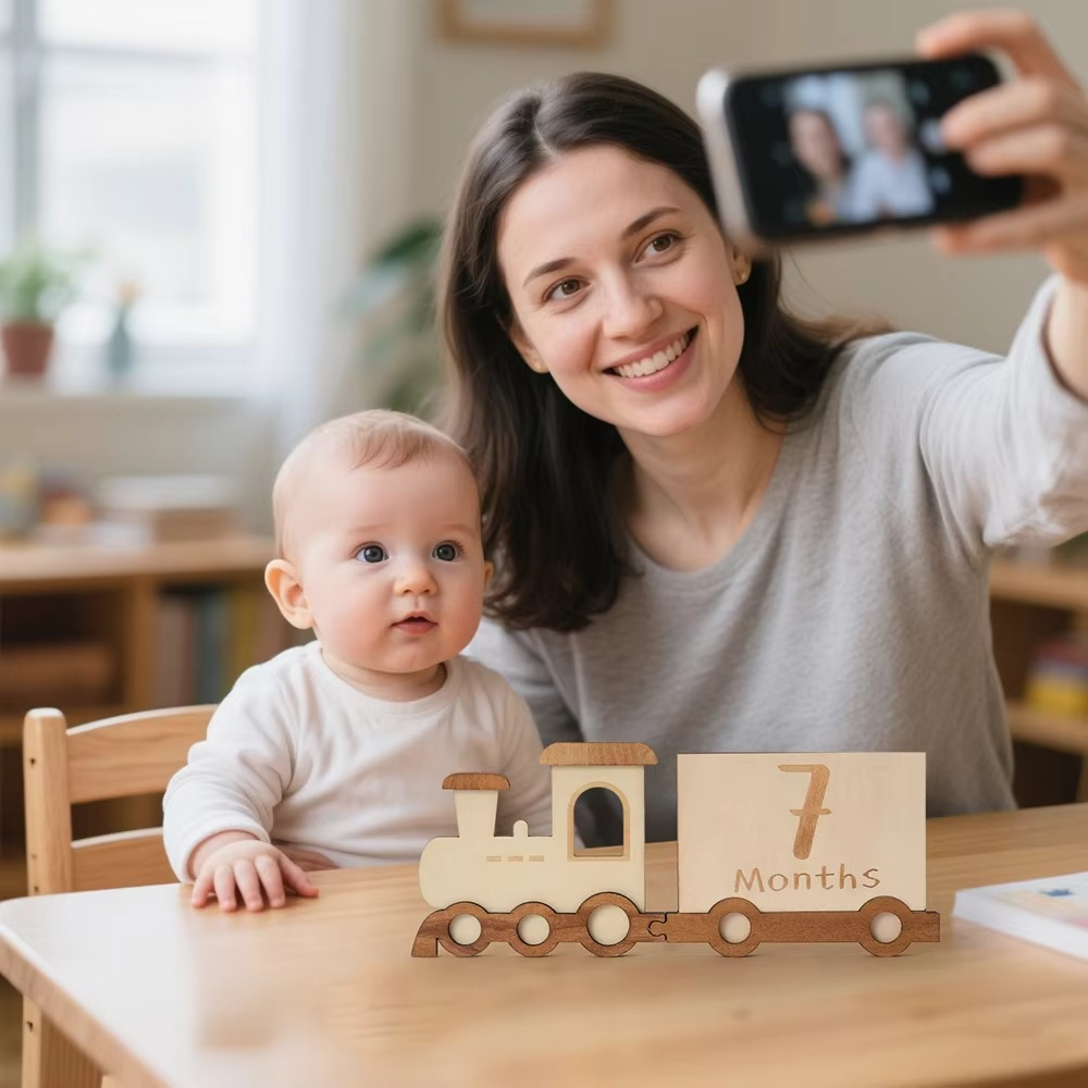 Baby Wooden Train Milestone Cards with Storage Box – 0-12 Months Monthly Milestone Markers – Newborn Photography Props – Baby Birthday Decoration & Keepsake Gift
