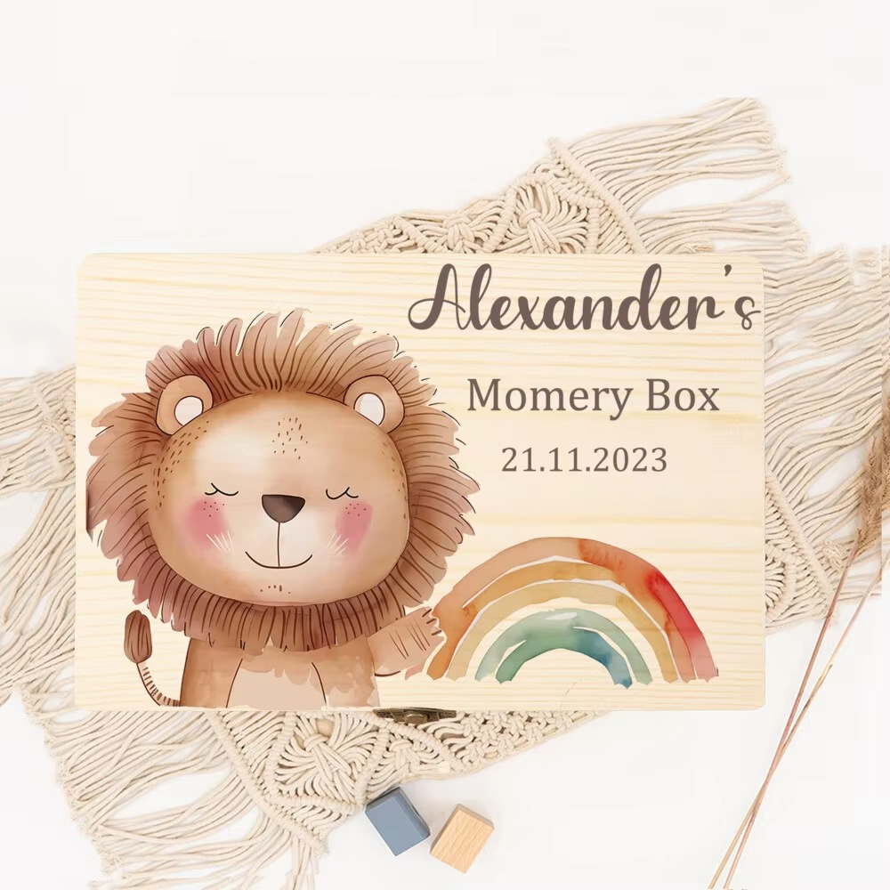 Personalized Wooden Keepsake Box with Custom Name – Animal Rainbow Memory Box for Kids – Custom Child Memory Storage Case – Birthday & Baby Shower Gift
