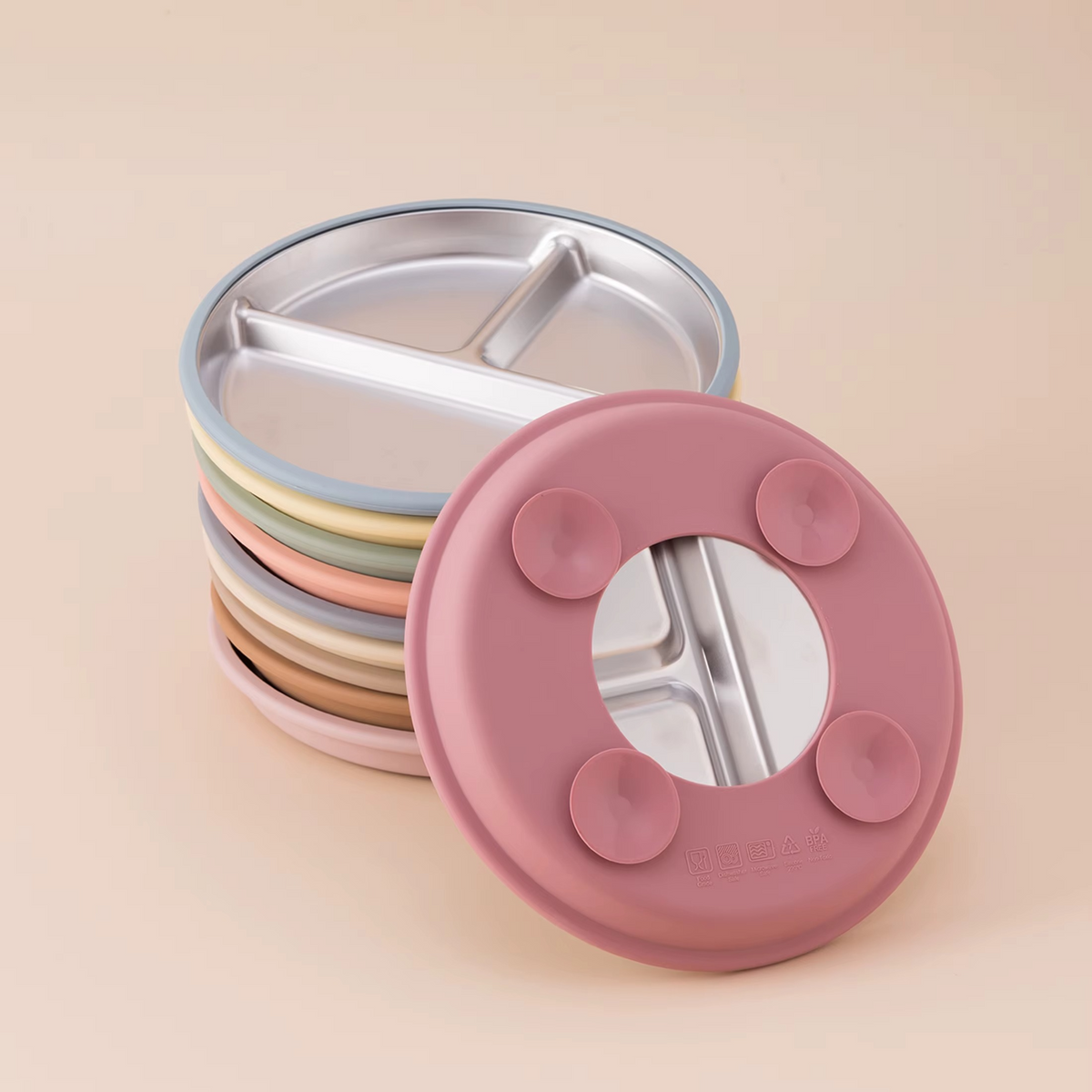 Color Kids Stainless Steel Suction Plate – Detachable Food-Grade Silicone Base – Baby Feeding Plate for Toddlers, Non-Slip Divided Tableware