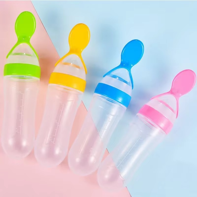 Baby Squeeze Feeding Bottle with Silicone Spoon – Soft Baby Food Feeder for Puree Feeding – Toddler Training Cutlery & Newborn Feeding Accessories