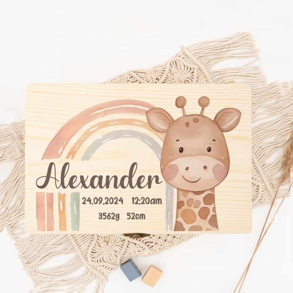 Personalized Wooden Keepsake Box with Custom Name – Animal Rainbow Memory Box for Kids – Custom Child Memory Storage Case – Birthday & Baby Shower Gift