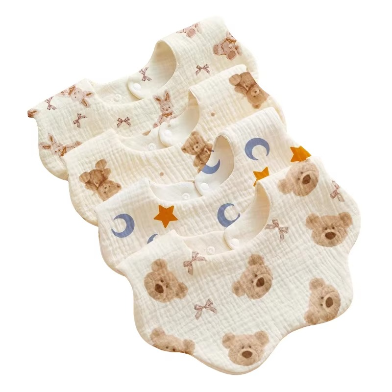 4PCS Baby Cotton Gauze Waterproof Bib Set – Soft Cartoon Infant Drool Bibs, Burp Cloths & Bandana Scarves for Baby Boys & Girls