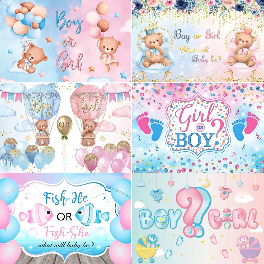 Gender Reveal He or She Banner – Fish & Bear Theme Baby Shower Backdrop – Boy or Girl Party Decoration Banner – Newborn Birthday Photo Booth Background
