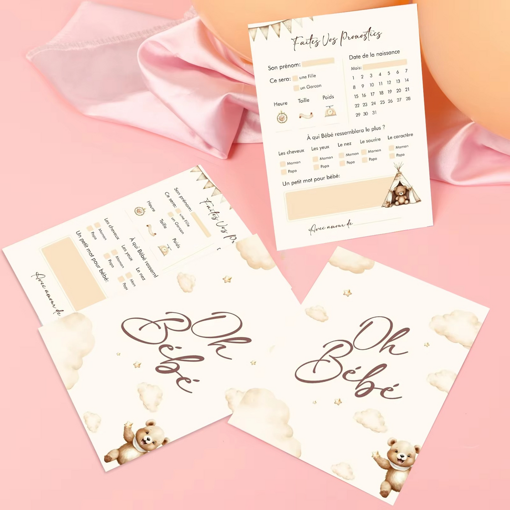 30PCS French Baby Shower Prediction Cards – Cute Bear Baby Guessing & Wishes Cards – Baby Shower Game for Predicting Name, Weight, Size & Birth Date