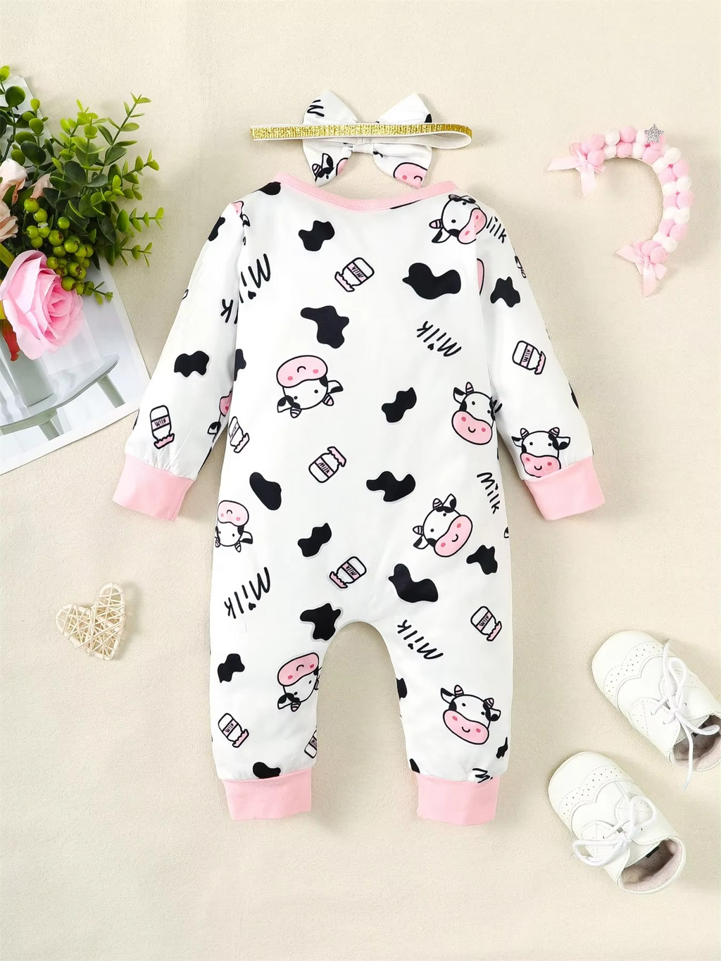 2PCS Newborn Baby Girl Cow Print Jumpsuit Set – Long Sleeve Bodysuit Romper with Headband – Cute Toddler Outfit for Spring & Autumn (0–18 Months)