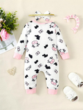 2PCS Newborn Baby Girl Cow Print Jumpsuit Set – Long Sleeve Bodysuit Romper with Headband – Cute Toddler Outfit for Spring & Autumn (0–18 Months)