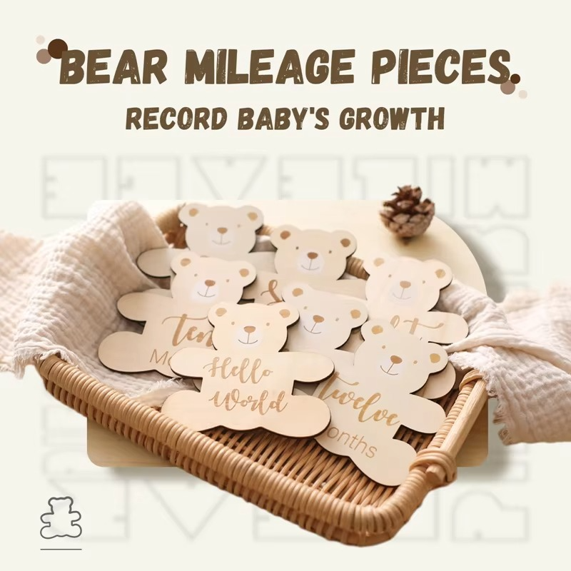 7PCS Wooden Baby Milestone Cards Set – 0-12 Months Monthly Milestone Markers – Cute Bear Shape Newborn Photography Props – Baby Shower Gift & Nursery Keepsake