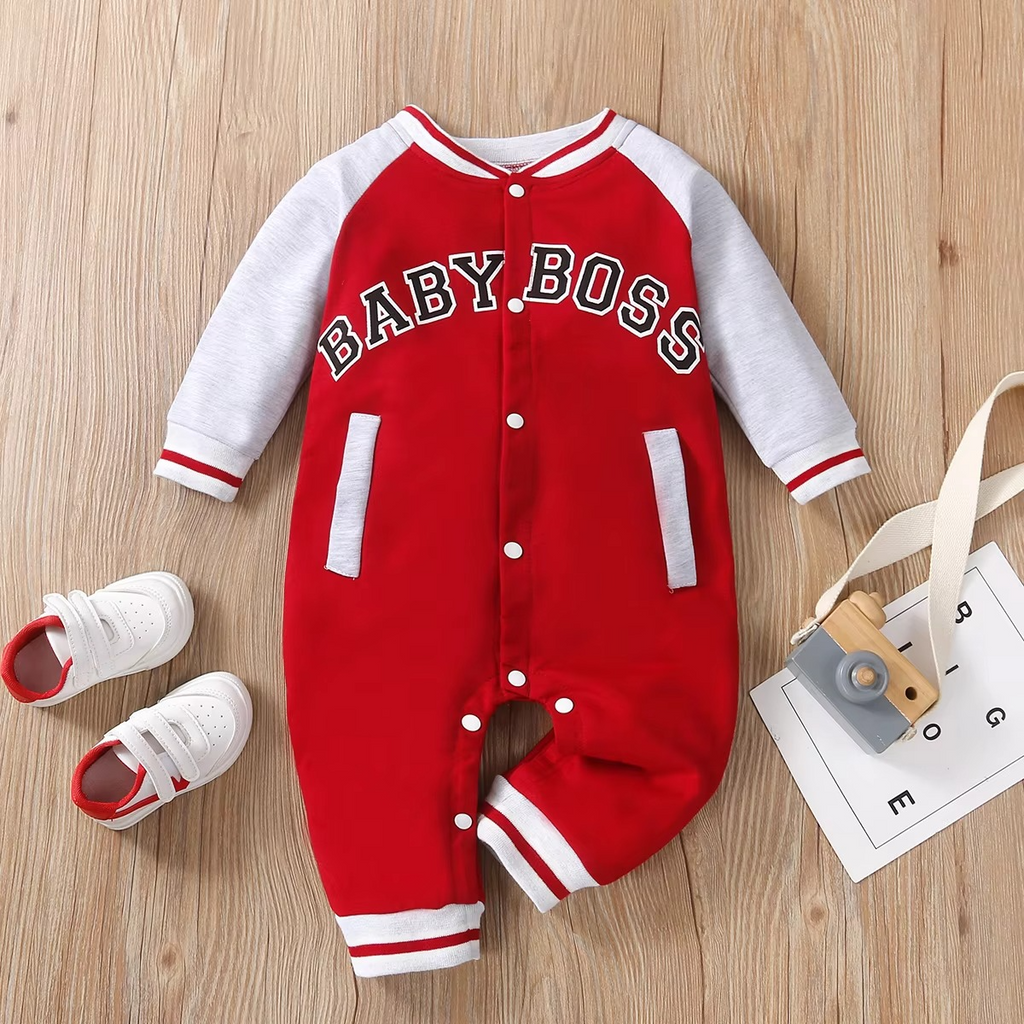 Fashionable Letter Printed Baby Boy Jumpsuit – Long Sleeve Round Neck Romper – Cute Personalized Infant Bodysuit Outfit for Newborn & Toddler Boys