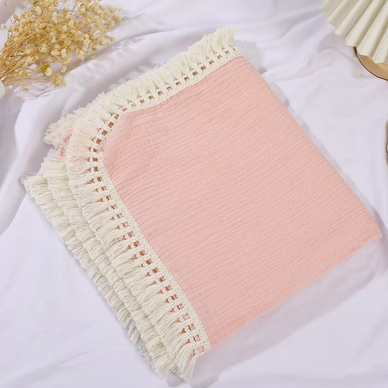 Cotton Muslin Swaddle Blanket with Tassels – Soft Newborn Receiving Blanket – Breathable Infant Sleeping Quilt, Baby Bed Cover & Stroller Blanket