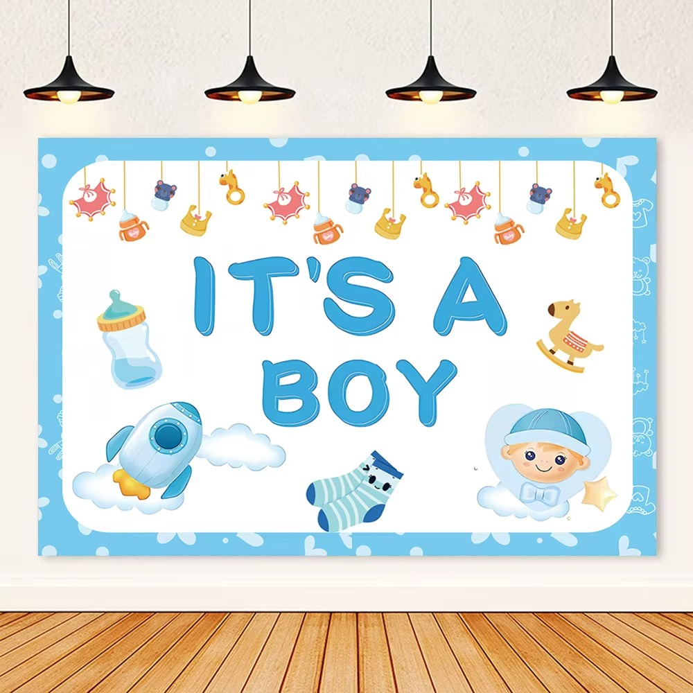Gender Reveal He or She Banner – Fish & Bear Theme Baby Shower Backdrop – Boy or Girl Party Decoration Banner – Newborn Birthday Photo Booth Background
