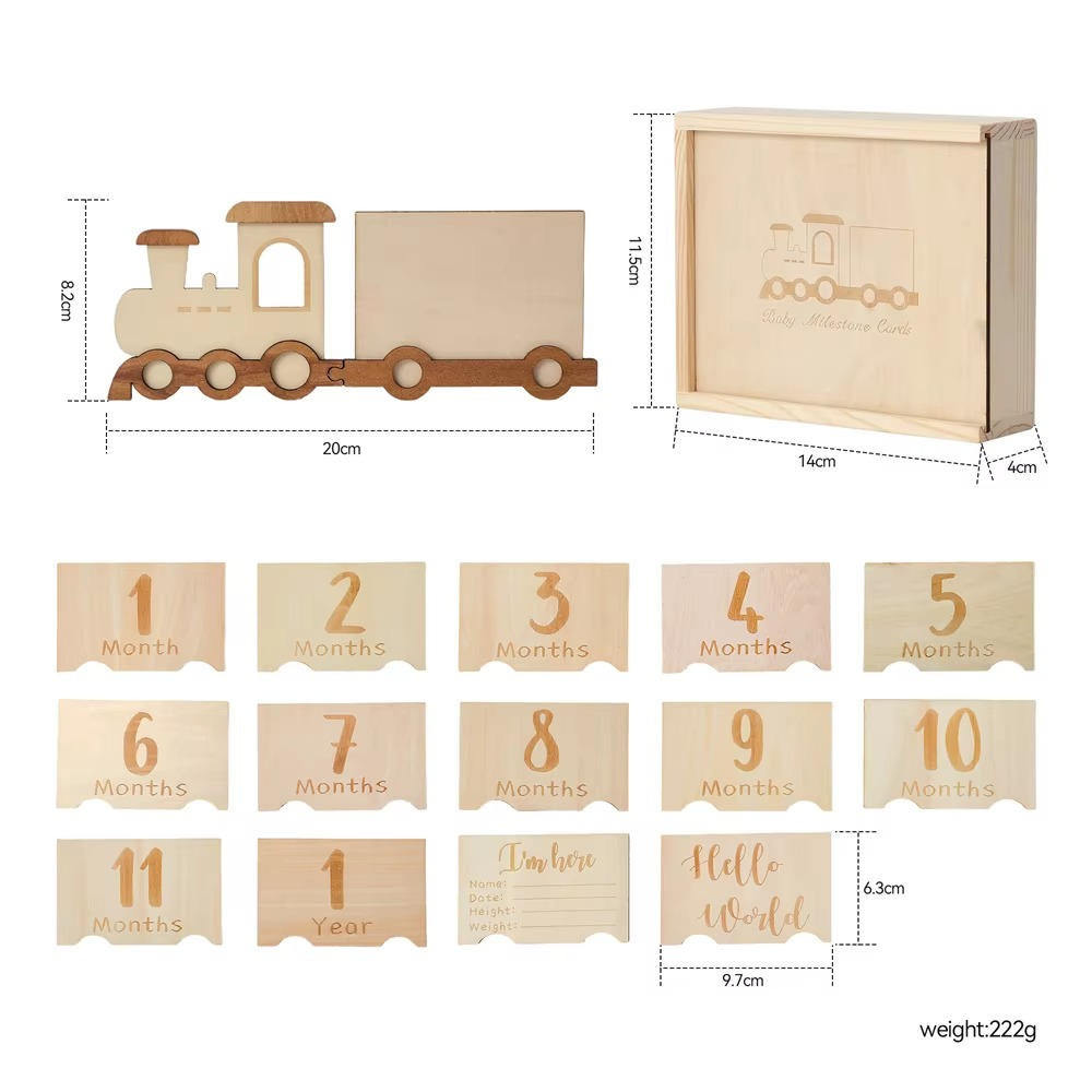 Baby Wooden Train Milestone Cards with Storage Box – 0-12 Months Monthly Milestone Markers – Newborn Photography Props – Baby Birthday Decoration & Keepsake Gift