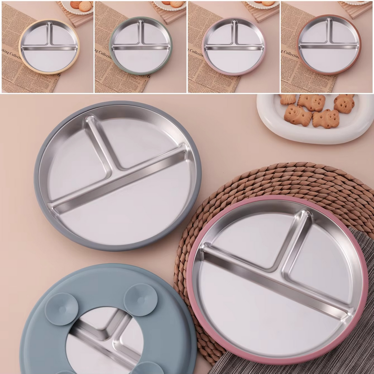 Color Kids Stainless Steel Suction Plate – Detachable Food-Grade Silicone Base – Baby Feeding Plate for Toddlers, Non-Slip Divided Tableware